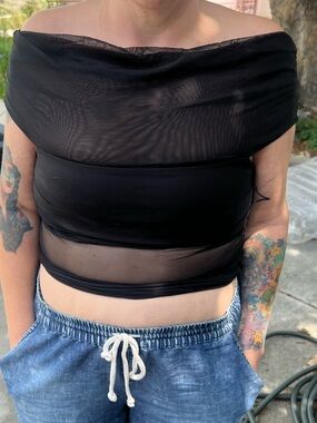 Women’s Off-Shoulder Black Mesh Crop Top